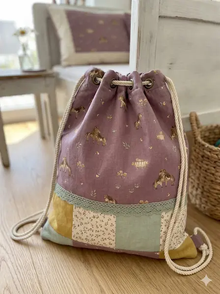 Selbstgenähter Turnbeutel aus Baumwoll-Webware mit Pferdemotiv in Mauve, kombiniert mit Patchwork-Stoffen, Spitzenborte und dicker Kordel.