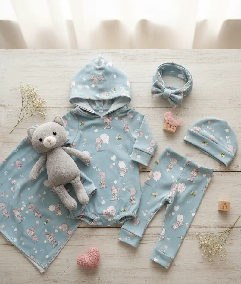Mehrteiliges Baby-Set aus hellblauem Baumwolljersey mit Katzen-Motiven, bestehend aus Kapuzen-Strampler, Hose, Mütze und Stirnband auf hellem Holzboden.