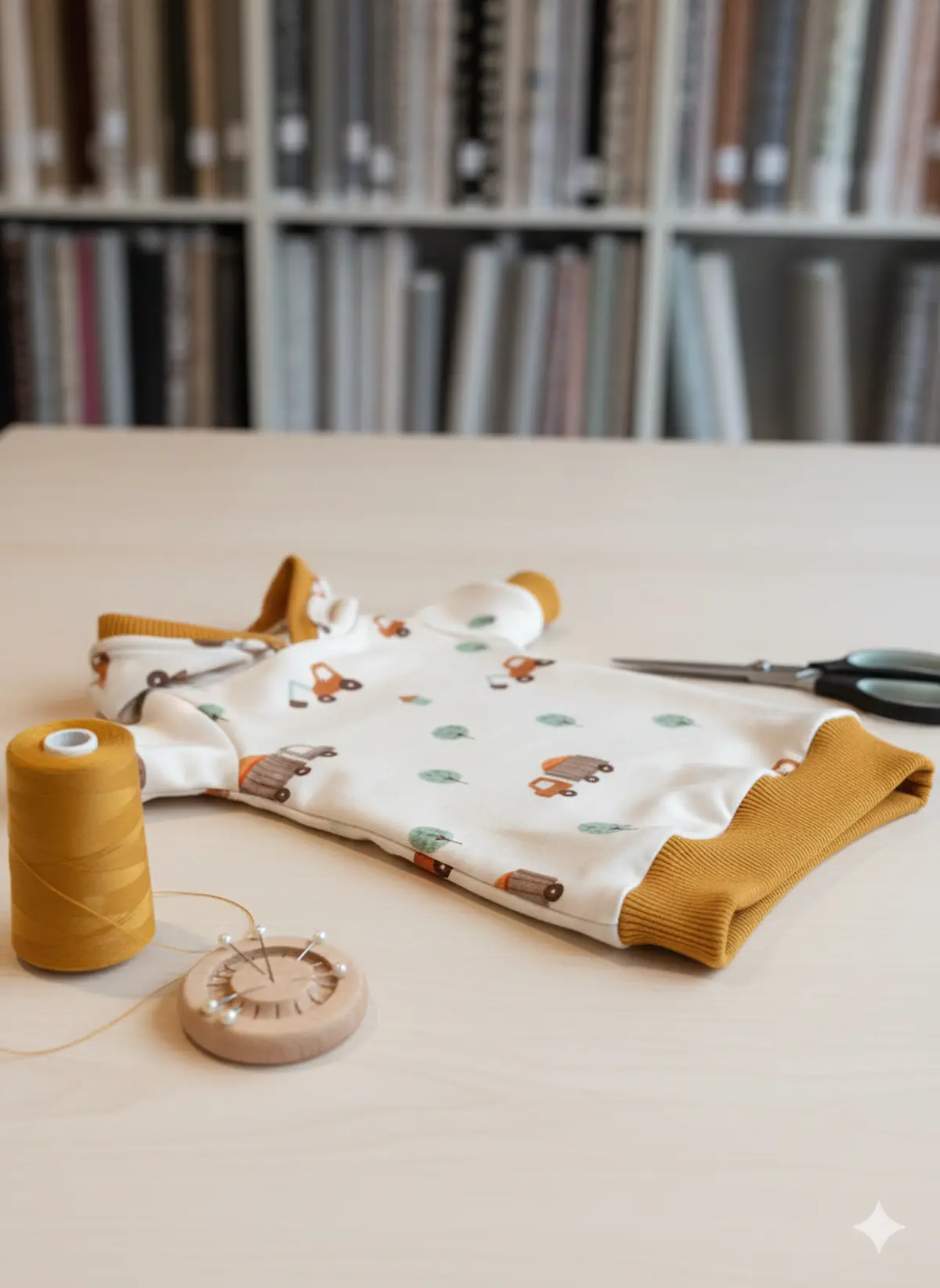 Genähter Kinderpullover aus French Terry Stoff mit Bagger- und LKW-Motiven sowie senfgelben Bündchen