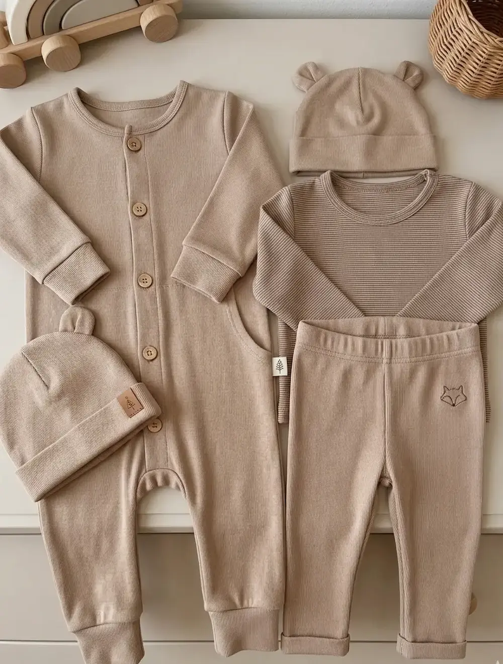 Flachgelegte Ansicht eines Baby-Sets aus beigem Baumwolljersey (Ripp-Optik), bestehend aus einem Einteiler mit Holzknöpfen, Hose, Shirt und passenden Mützchen mit Bärenohren.