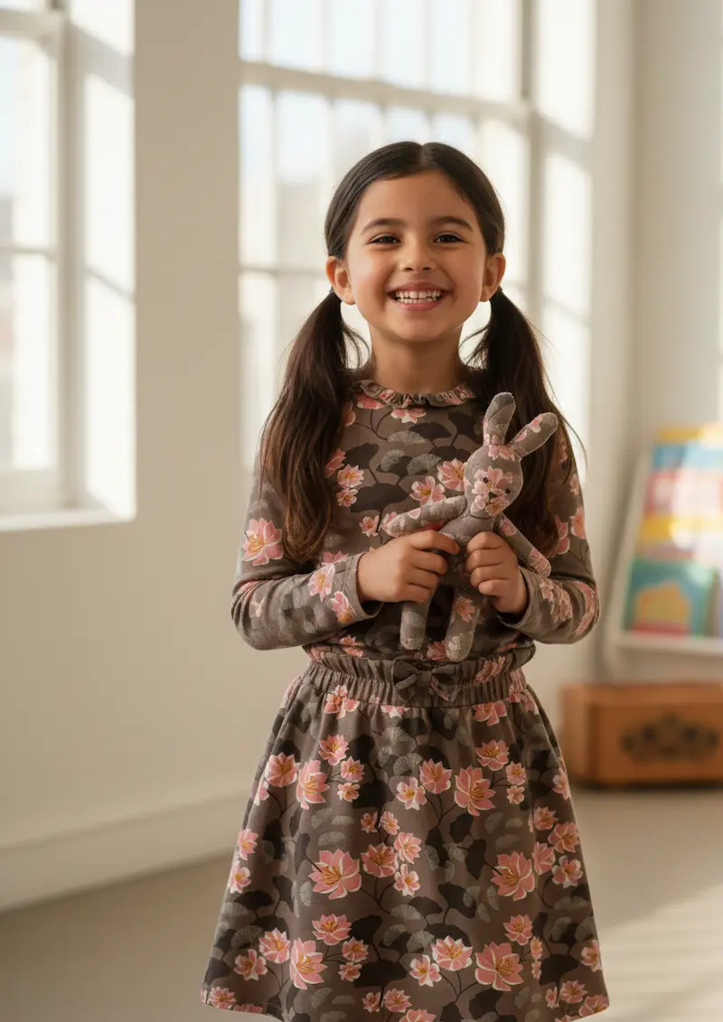 Ein lächelndes Mädchen trägt ein selbstgenähtes Jerseykleid und hält ein passendes Kuschelkaninchen, beide gefertigt aus dem floralen Jerseystoff mit rosa Lotusblüten auf grau-braunem Grund.
