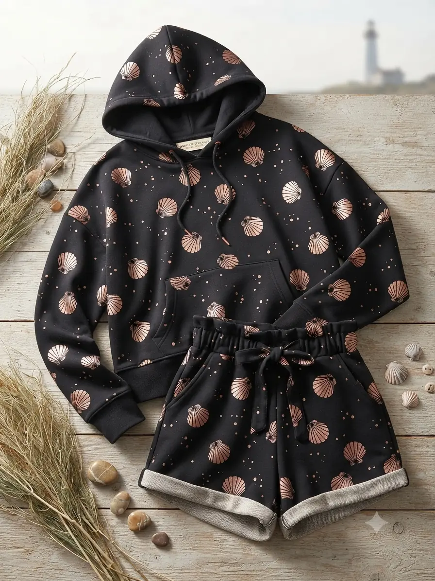 Set aus Hoodie und Shorts aus French-Terry-Stoff mit modernem Muschel-Muster, auf rustikalem Holzhintergrund präsentiert.