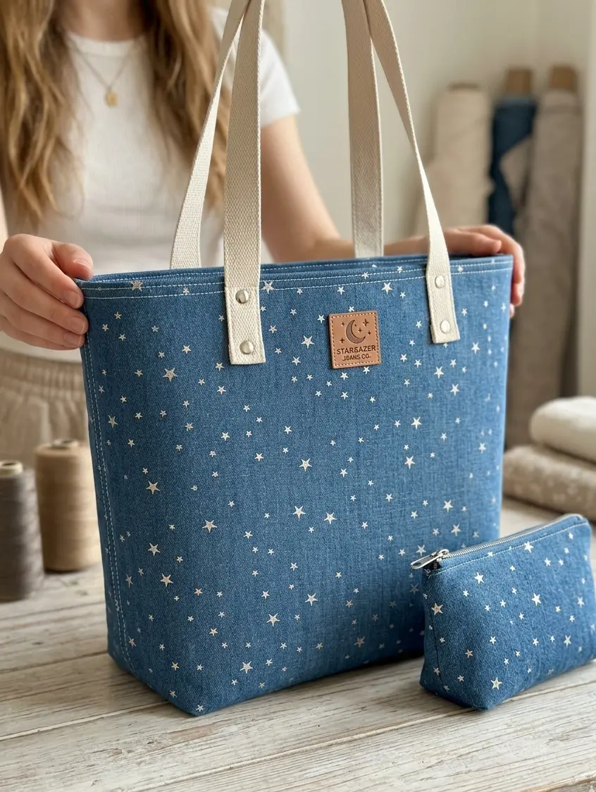 Selbstgenähte Shopper-Tasche und passendes Täschchen aus blauem Jeansstoff mit kleinen aufgedruckten silbernen Sternen.