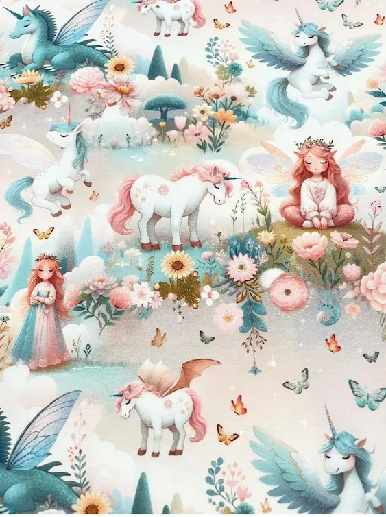 Hochwertiger Jersey-Stoff mit magischen Motiven: Einhörner, Elfen, kleine Drachen und Blumen im zarten Aquarell-Stil auf hellem Grund.