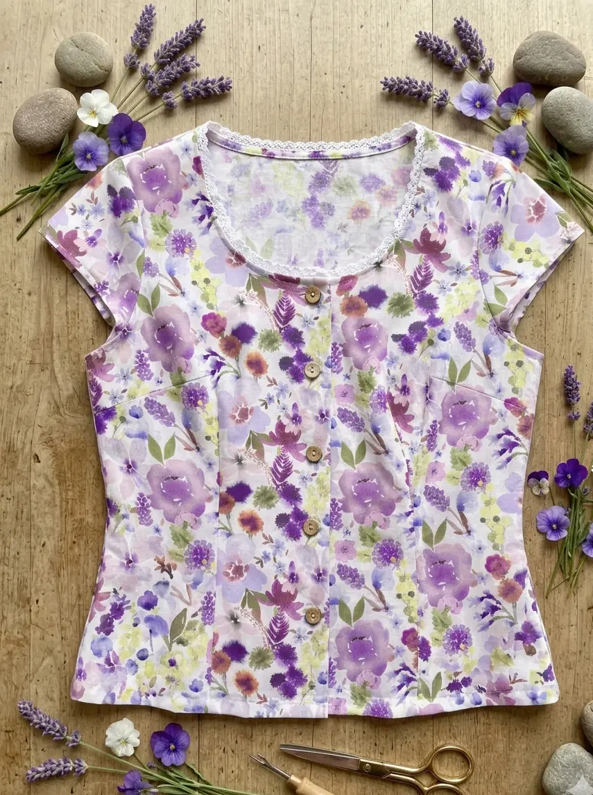 Ärmellose Bluse aus Baumwolle Satin Webware mit floralem Muster in Lila und Violett, verziert mit Spitzenborte und Holzknöpfen auf Holzuntergrund.