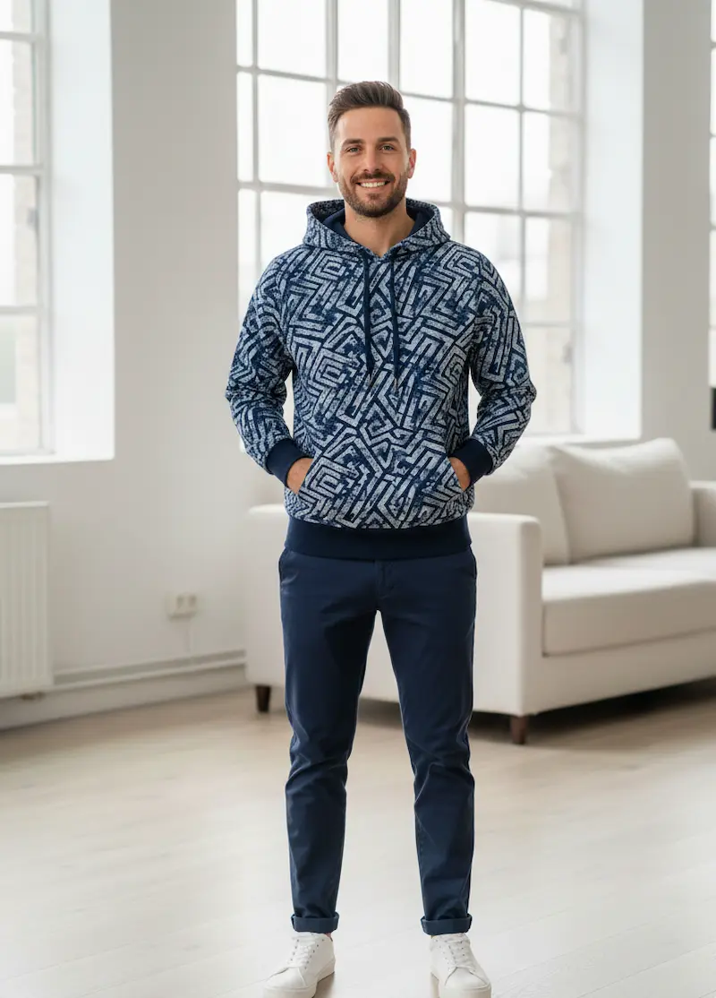 Mann trägt einen Hoodie aus French Terry mit blau-weißem geometrischem Labyrinth-Muster, ideal für DIY-Nähprojekte.