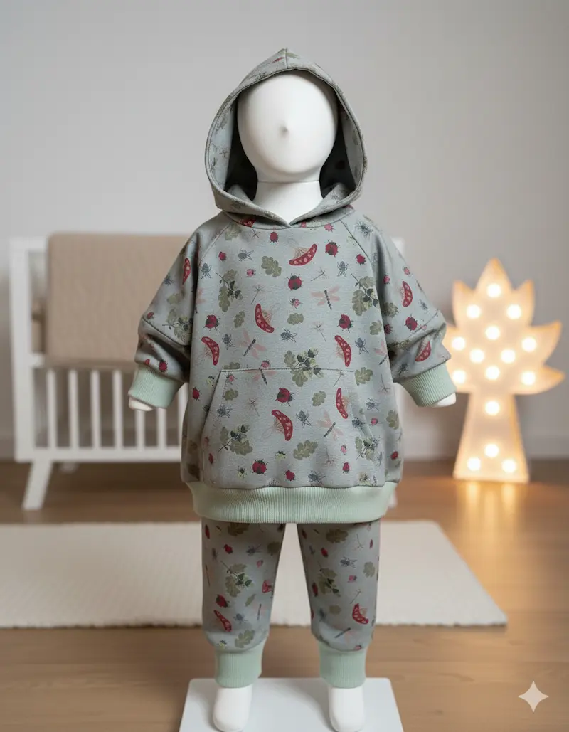 Ein aus gemustertem Alpenfleece genähter Kinder-Kapuzenpullover mit passender Hose auf einer Puppe im Kinderzimmer. Der Stoff zeigt Pilze, Marienkäfer und Blätter auf salbeigrünem Grund.