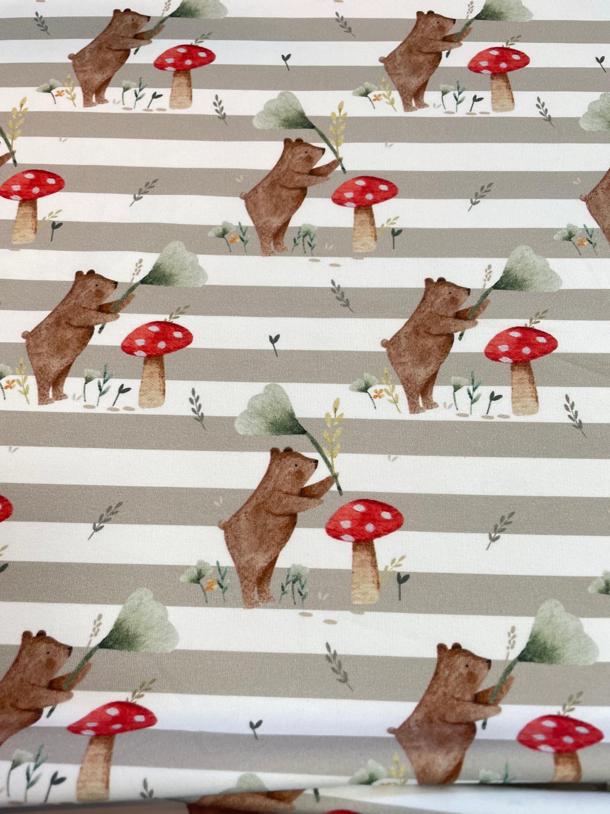 Bio French Terry gestreift mit Bären / Fliegenpilze weiss / taupe