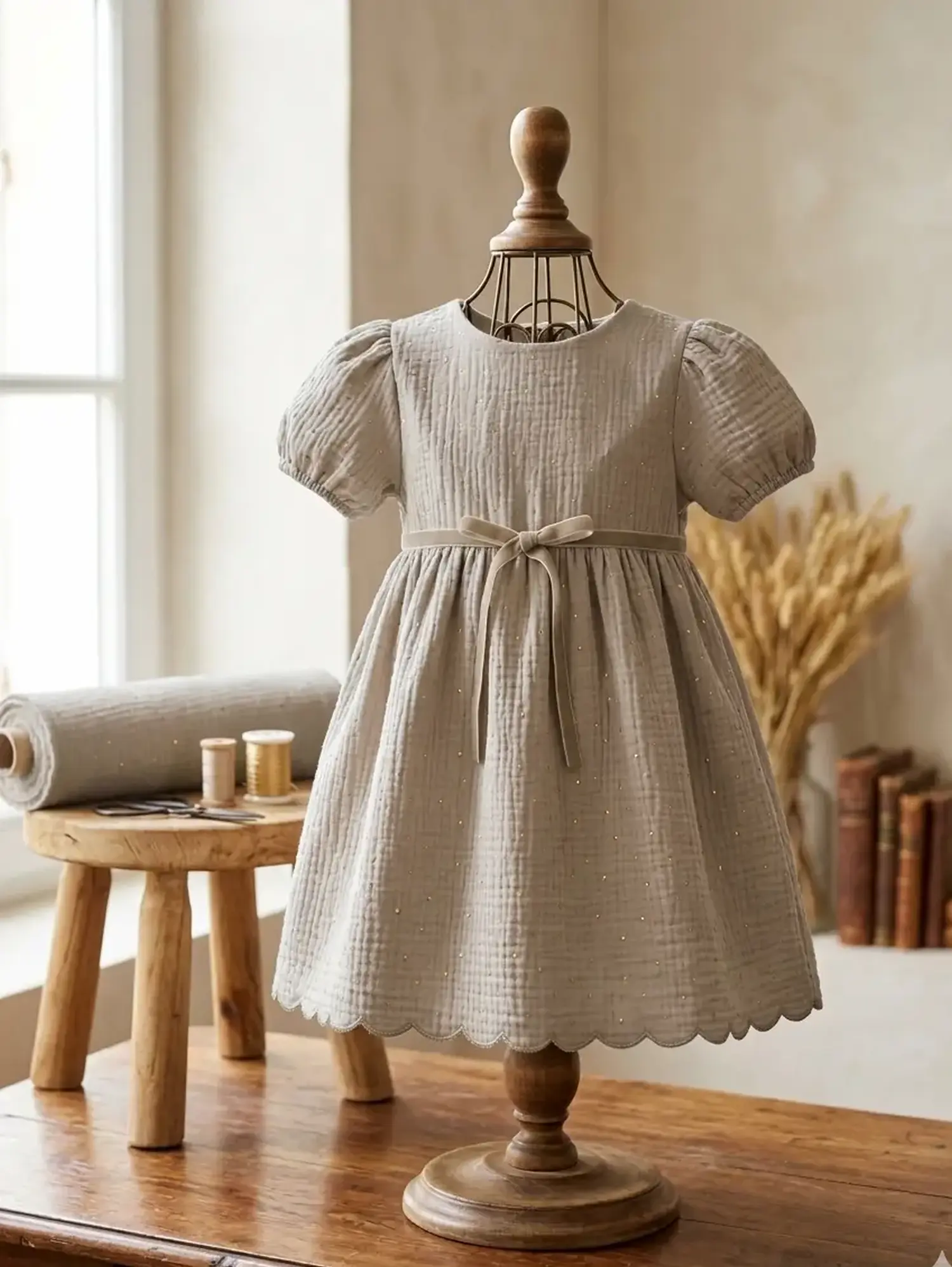 Festliches Kinderkleid auf einer Schneiderpuppe aus beigem Musselin-Stoff mit feinen Gold-Tropfen und Samtschleife.