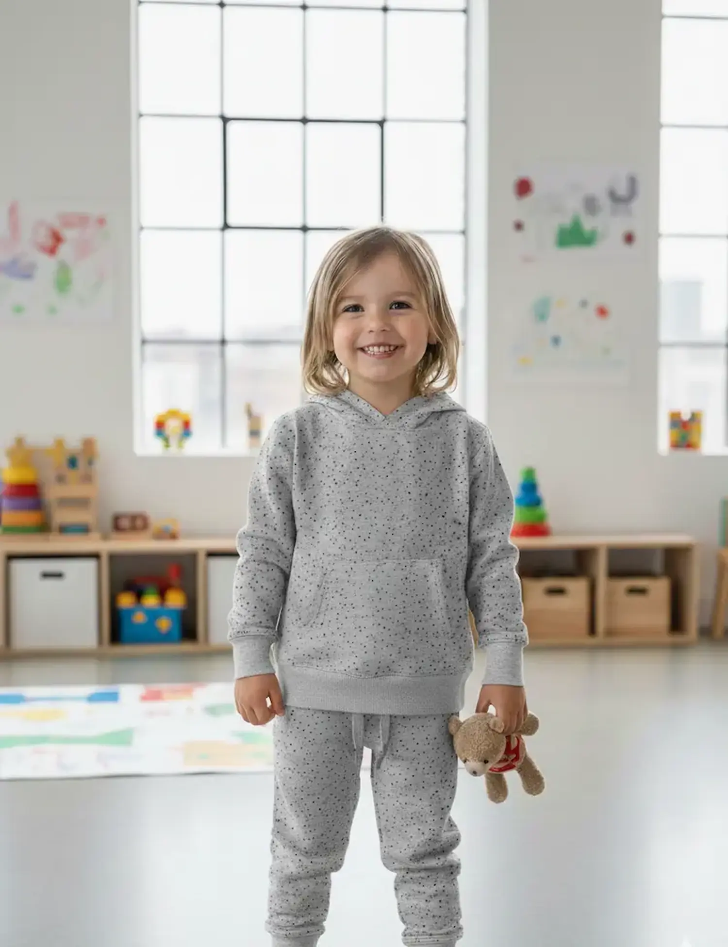 Ein lächelndes Kind steht in einem hellen Spielzimmer und trägt ein Set aus Kapuzenpullover und passender Jogginghose aus hellgrauem Jerseystoff mit feinen schwarzen Sprenkeln.