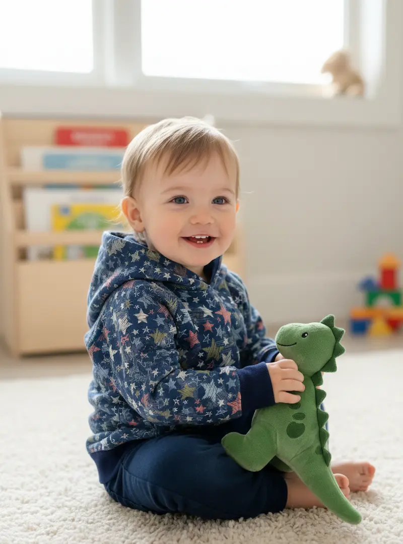 Ein lächelndes Kleinkind sitzt auf einem hellen Teppich und trägt einen gemütlichen Kapuzenpullover aus dunkelblauem French Terry Stoff mit buntem Sternen-Muster. Der weiche Sommersweat ist ideal für strapazierfähige und bequeme Kinderbekleidung geeignet.