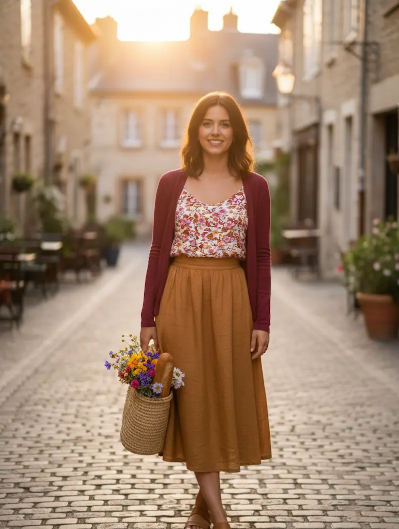 Eine lächelnde Frau steht in einer kopfsteingepflasterten Gasse im Gegenlicht. Sie trägt ein selbstgenähtes Camisole-Top aus floralem Modaljersey, kombiniert mit einer beerenfarbenen Strickjacke und einem ockerbraunen Rock, und hält einen Korb mit Blumen.
