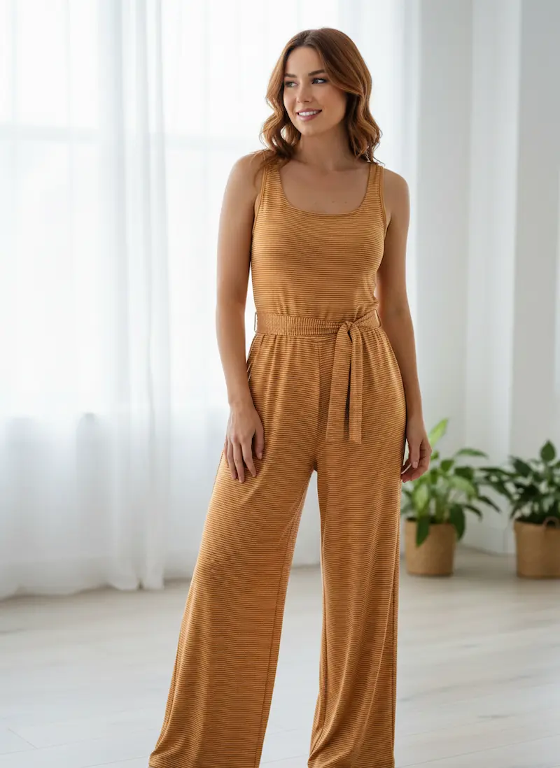 Junge Frau trägt einen modischen Jumpsuit aus feingestreiftem Baumwolljersey in Terracotta und Creme; ein inspirierendes Nähbeispiel für elastische Meterware.