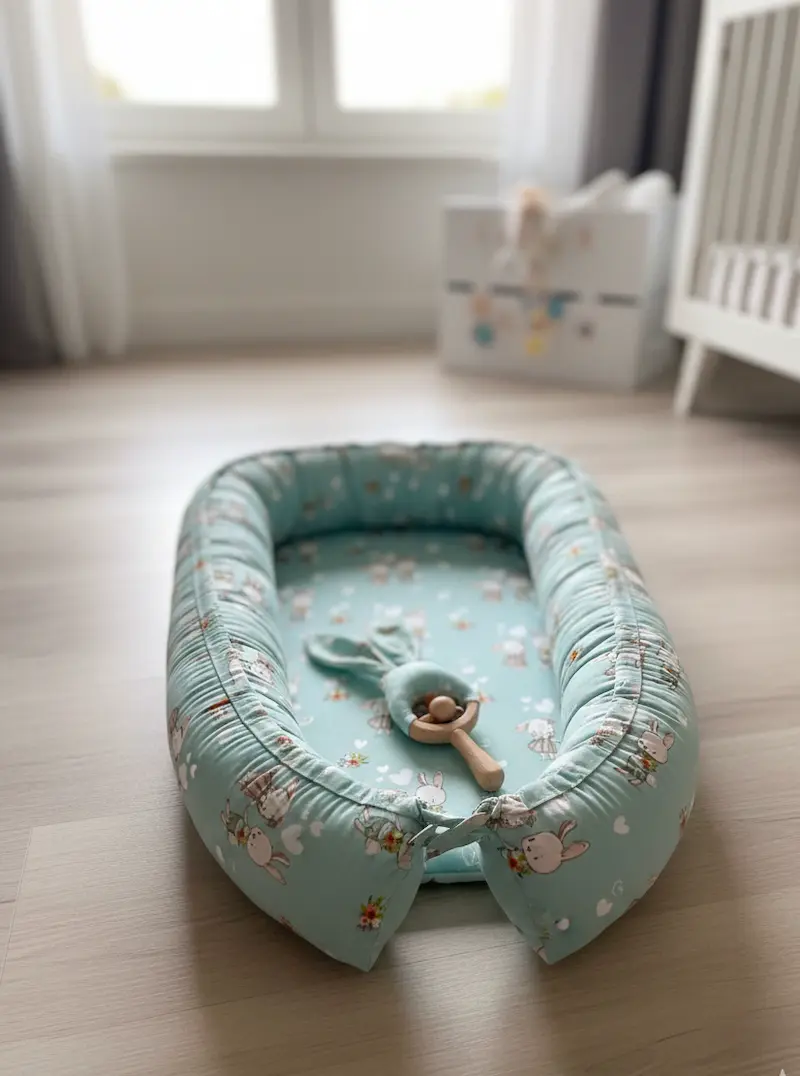 Ein gemütliches, mintgrünes Babynestchen aus Jersey-Stoff mit einem Muster aus süßen Hasenpärchen, Blumen und Herzen liegt auf einem hellen Holzboden im Babyzimmer. Im Nestchen liegt eine hölzerne Babyrassel mit Hasenohren. Der Hintergrund ist weich gezei