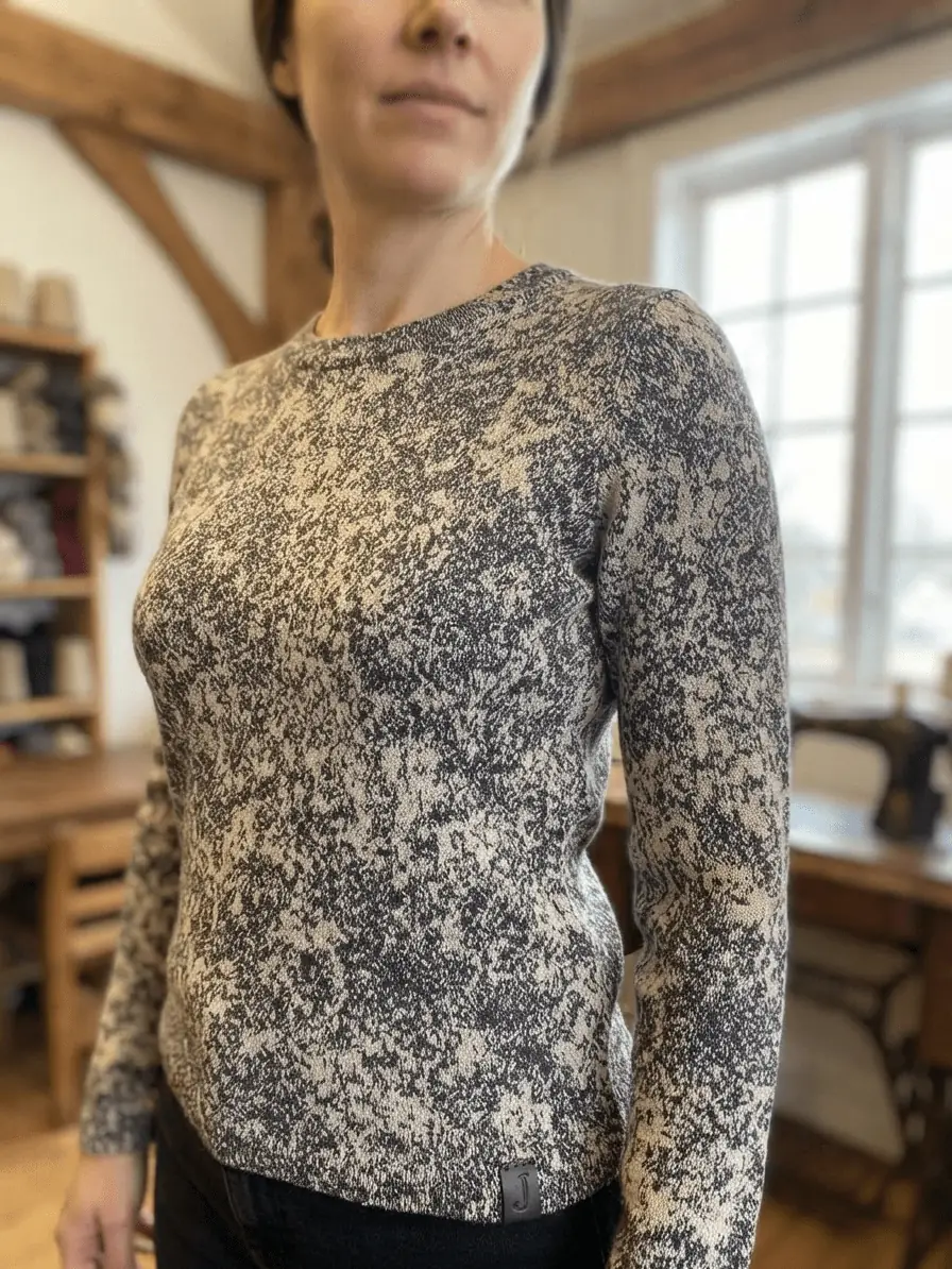 Genähter Damen Pullover aus Strick Jacquard Schlamm Natur