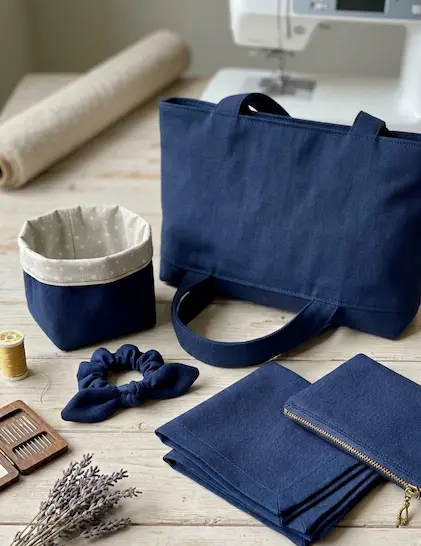 Verschiedene Nähprojekte wie eine Tasche, ein Utensilo und ein Scrunchie aus dunkelblauer Baumwoll-Webware, arrangiert mit Nähzubehör auf einem Holztisch.