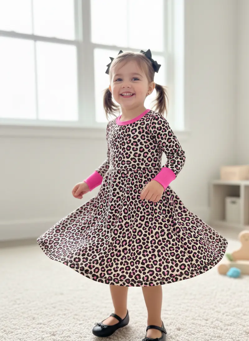 Ein fröhliches Kind trägt ein schwingendes Kleid aus French Terry Stoff mit Leopard-Muster in Pink und Schwarz. Das Kleid ist mit leuchtend pinken Bündchen an Hals und Ärmeln abgesetzt. Hochwertiger Sommersweat als Meterware für Kinderbekleidung.