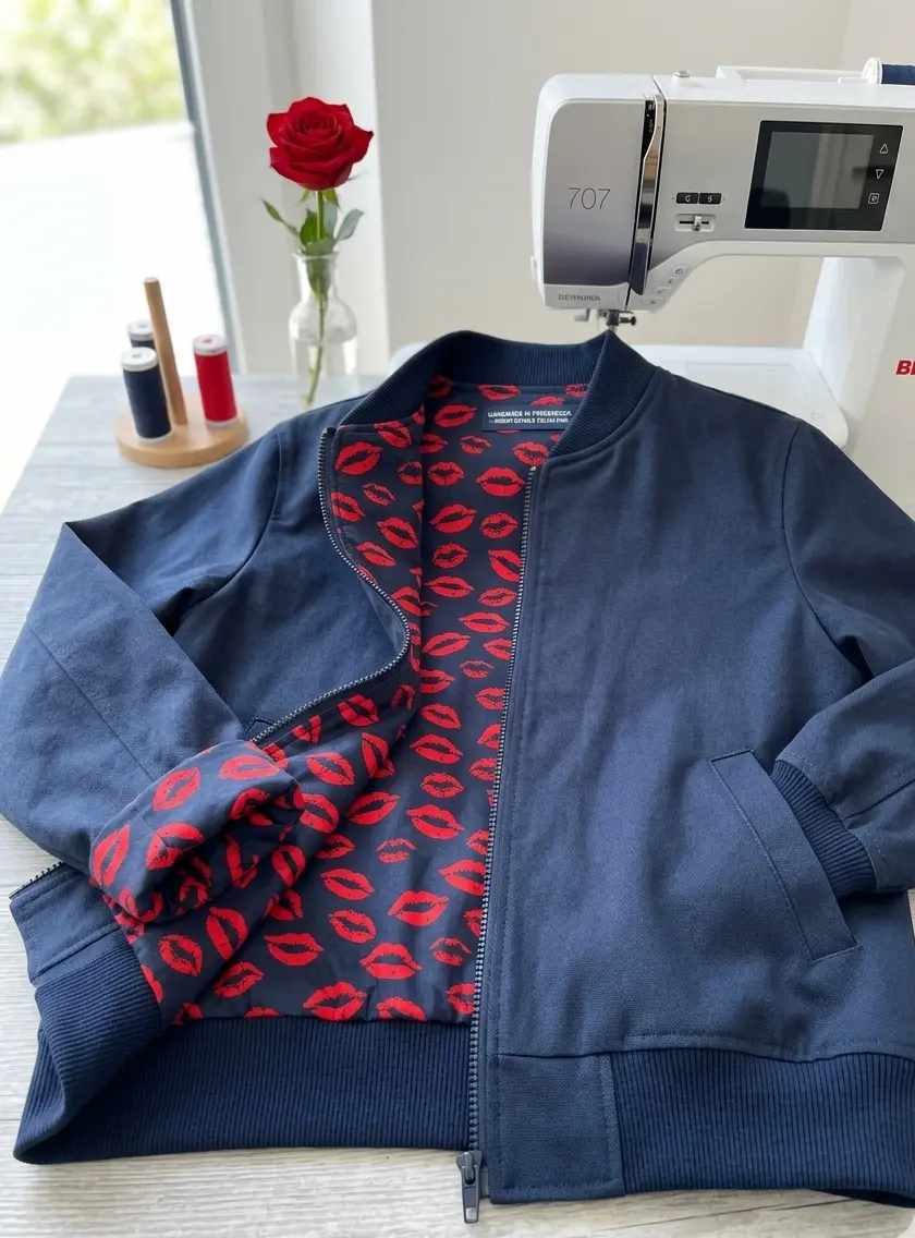 Handgenähte dunkelblaue Bomberjacke aus Baumwolle mit auffälligem Innenfutter aus Popeline mit roten Kussmündern, liegend vor einer Nähmaschine.