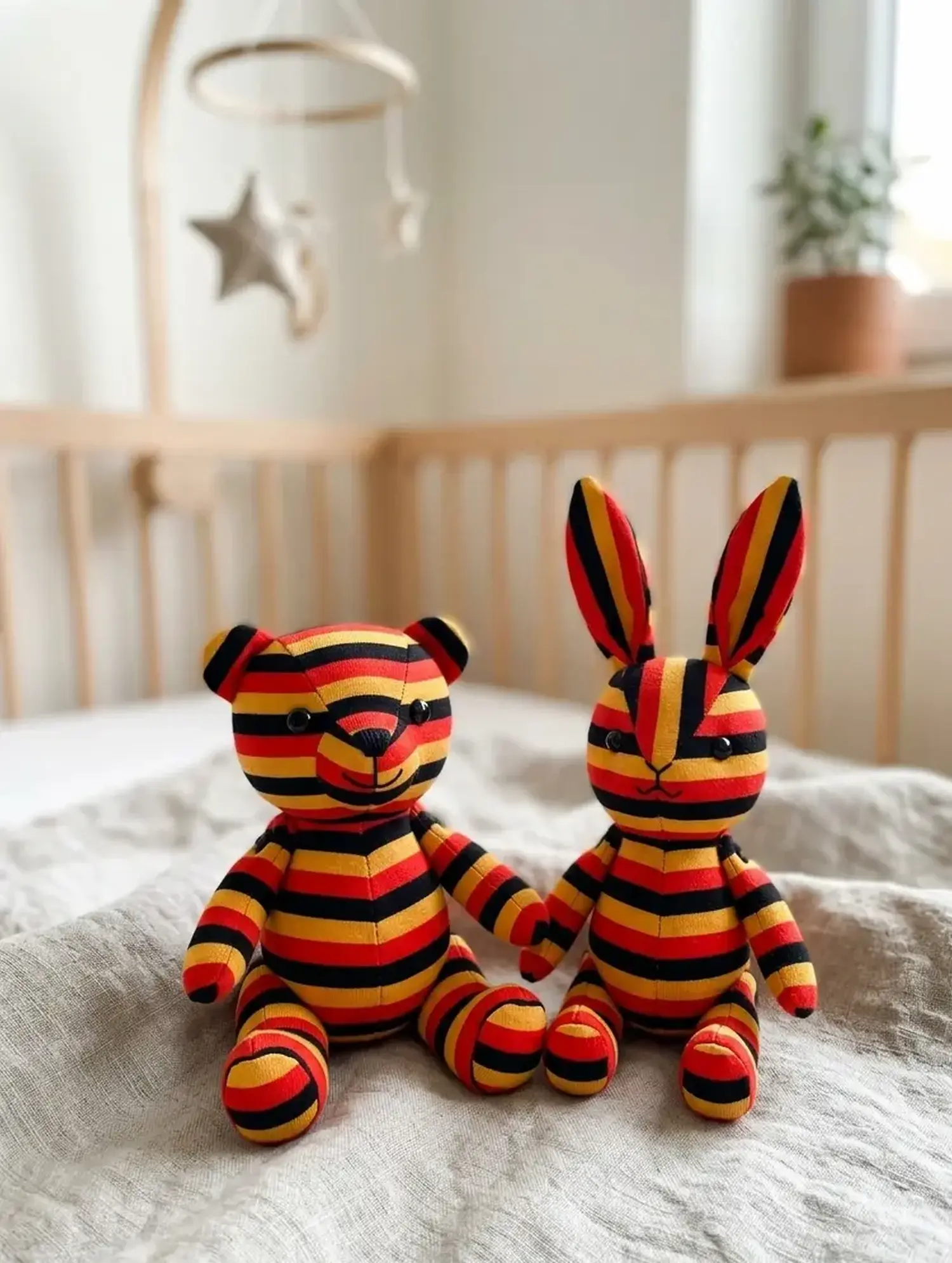Selbstgenähter Stoffbär und Hase aus gestreiftem Baumwolljersey in Schwarz, Rot und Gold als kreative Nähidee zur Fußball-WM fürs Kinderzimmer.