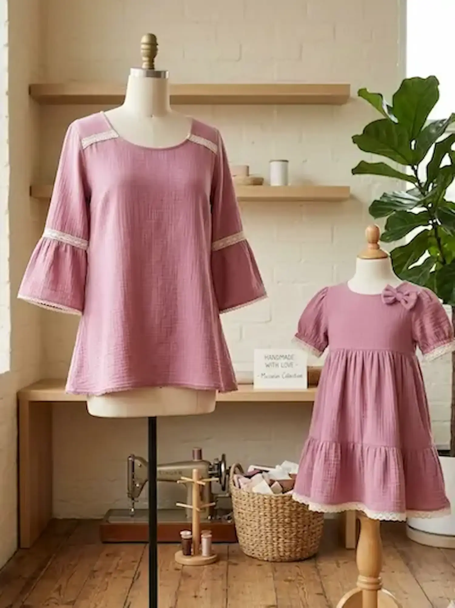 Handgefertigte Damenbluse und ein gestuftes Kinderkleid aus altrosa Musselin-Stoff mit Spitzenbesatz auf Schneiderpuppen in einem Nähatelier.