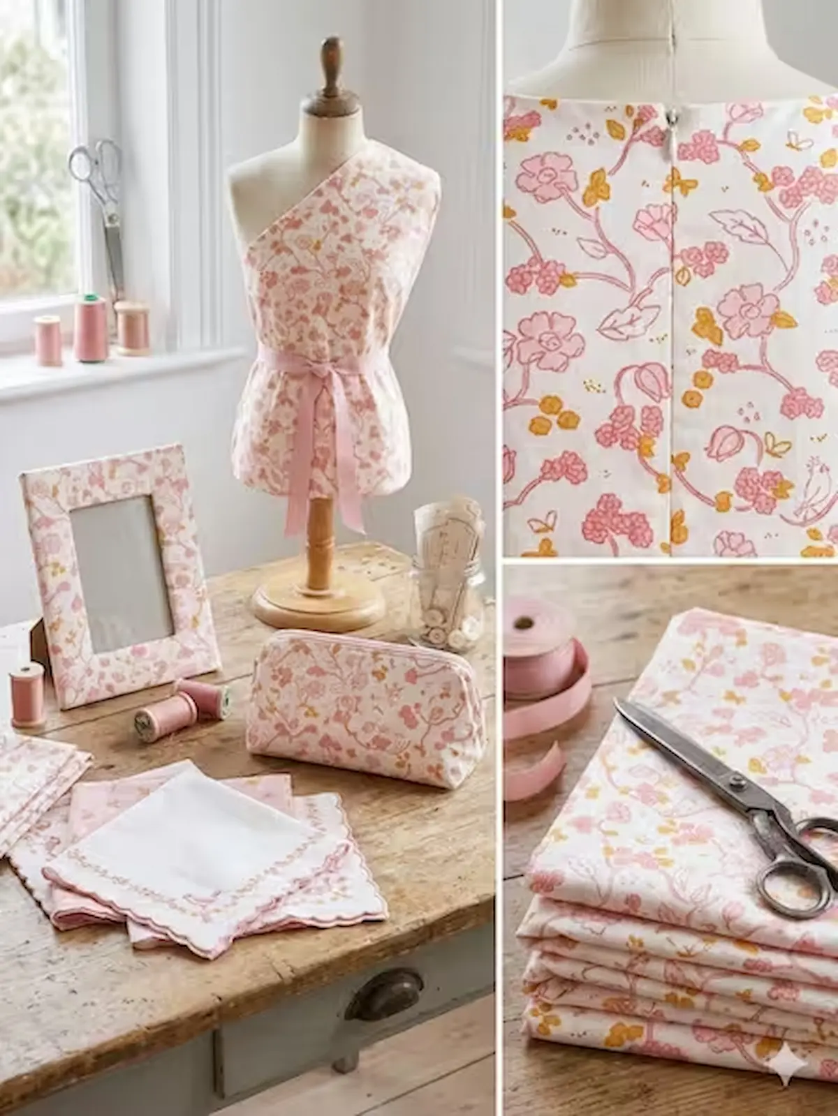 Collage aus cremeweißem Baumwoll-Popeline-Stoff mit zartem Blumenmuster in Rosa, Altrosa und Senfgelb. Zu sehen sind eine Schneiderpuppe mit dem Stoff, eine genähte Kosmetiktasche, ein bezogener Bilderrahmen, Stoffservietten mit Wellenrand sowie eine Deta