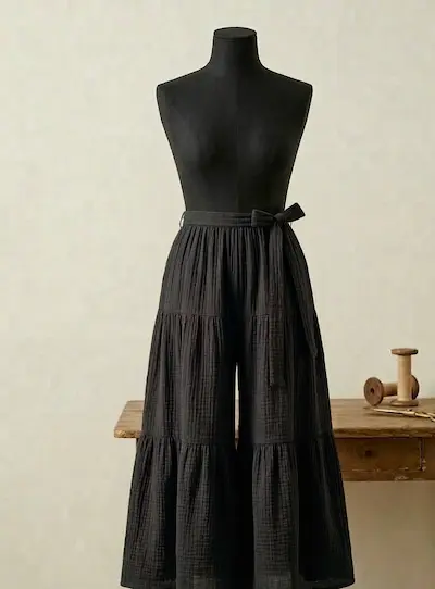 Schwarze Stufen-Hose aus Musselin Stoff auf einer Schneiderpuppe, Anwendungsbeispiel für Double Gauze Baumwoll-Meterware in Schwarz.