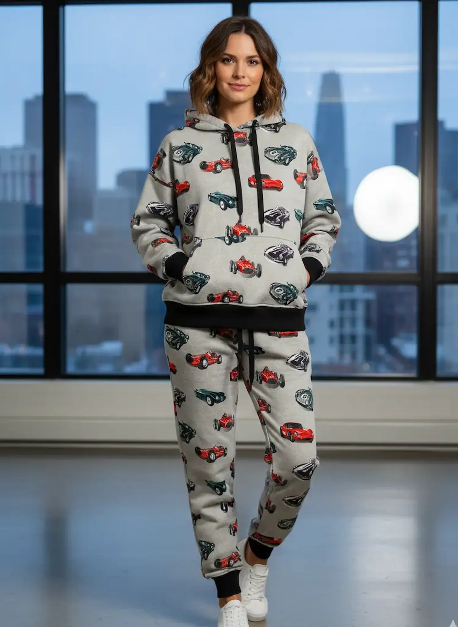Bequemer Hoodie und Jogginghose aus grauem Sweatstoff mit Vintage-Rennwagen-Muster, präsentiert als modernes Nähbeispiel für Damen.