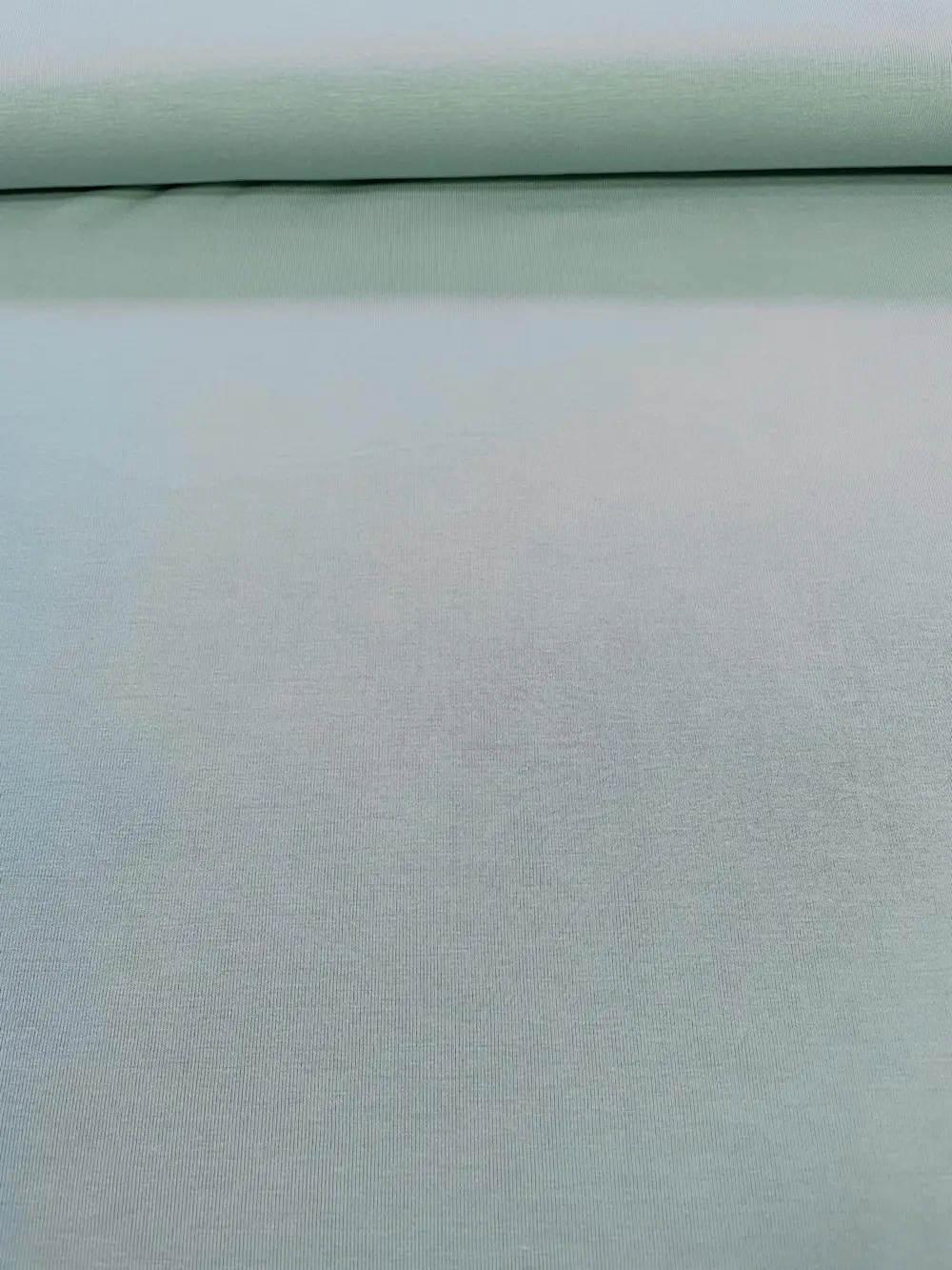 Nahaufnahme von weichem, fließendem Bambus-Jersey Stoff in der Farbe Meergrün, glatte Oberfläche mit feiner Strickstruktur, 200g Meterware.