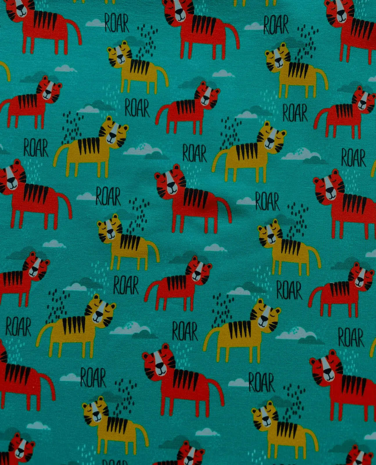 Weicher French Terry Stoff in Petrol mit bunten Tigermotiven für Kinderkleider