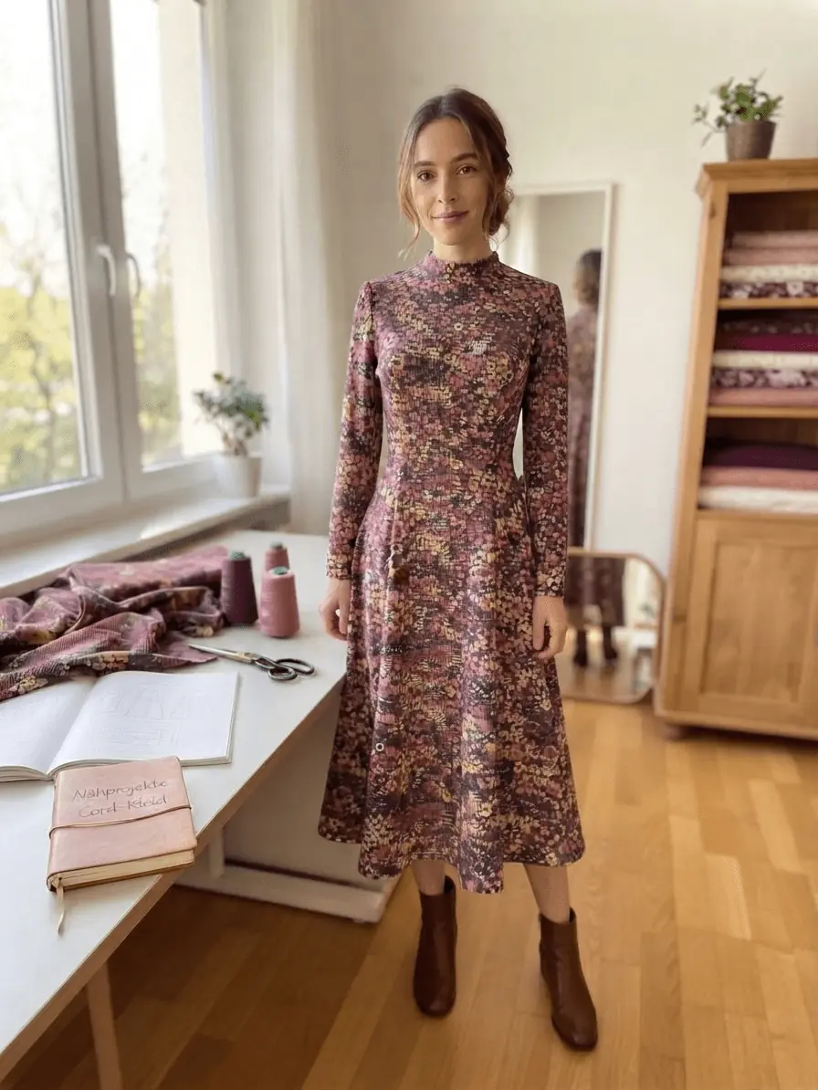 Nahaufnahme von elastischem Feincord-Stoff mit feinem Blumenmuster in Rosa-, Gelb- und Dunkelrot-Tönen.