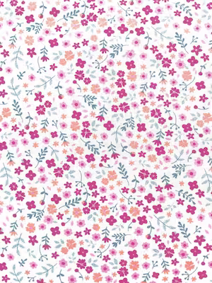 Leichter weißer Baumwollstoff mit dichten, kleinen Streublumen in Pink, Rosa und Mauve sowie zarten Blättern in Salbeigrün.