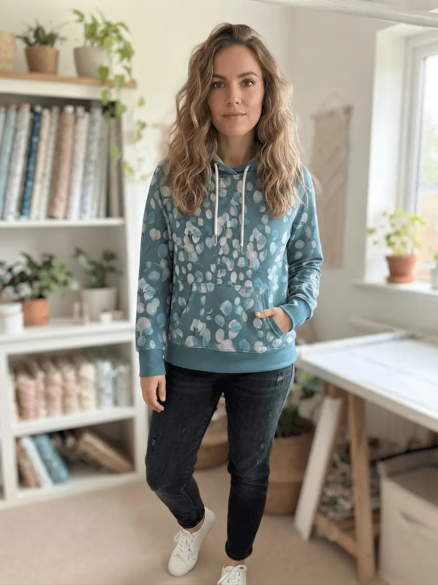 Frau trägt einen selbstgenähten Hoodie aus Eukalyptus-Sweatstoff in Petrol mit Aquarell-Muster.