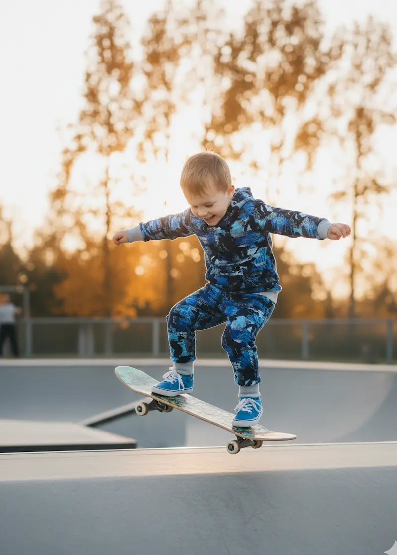Kleiner Junge springt mit dem Skateboard im Skatepark, trägt ein blaues Set aus French Terry Stoff mit Skater-Prints zur Demonstration der Elastizität und Bewegungsfreiheit.