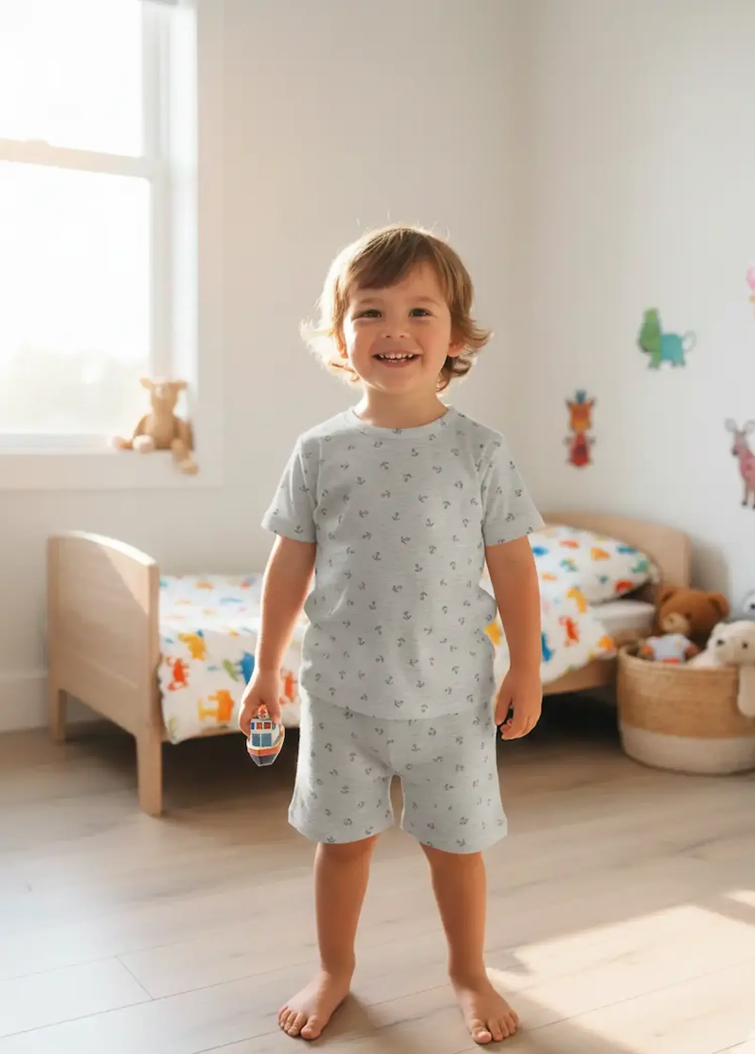 Ein lachendes Kind steht in einem hellen Kinderzimmer und trägt ein kurzes Set aus T-Shirt und Shorts, gefertigt aus hellgrauem Jerseystoff mit kleinen dunkelblauen Ankern.