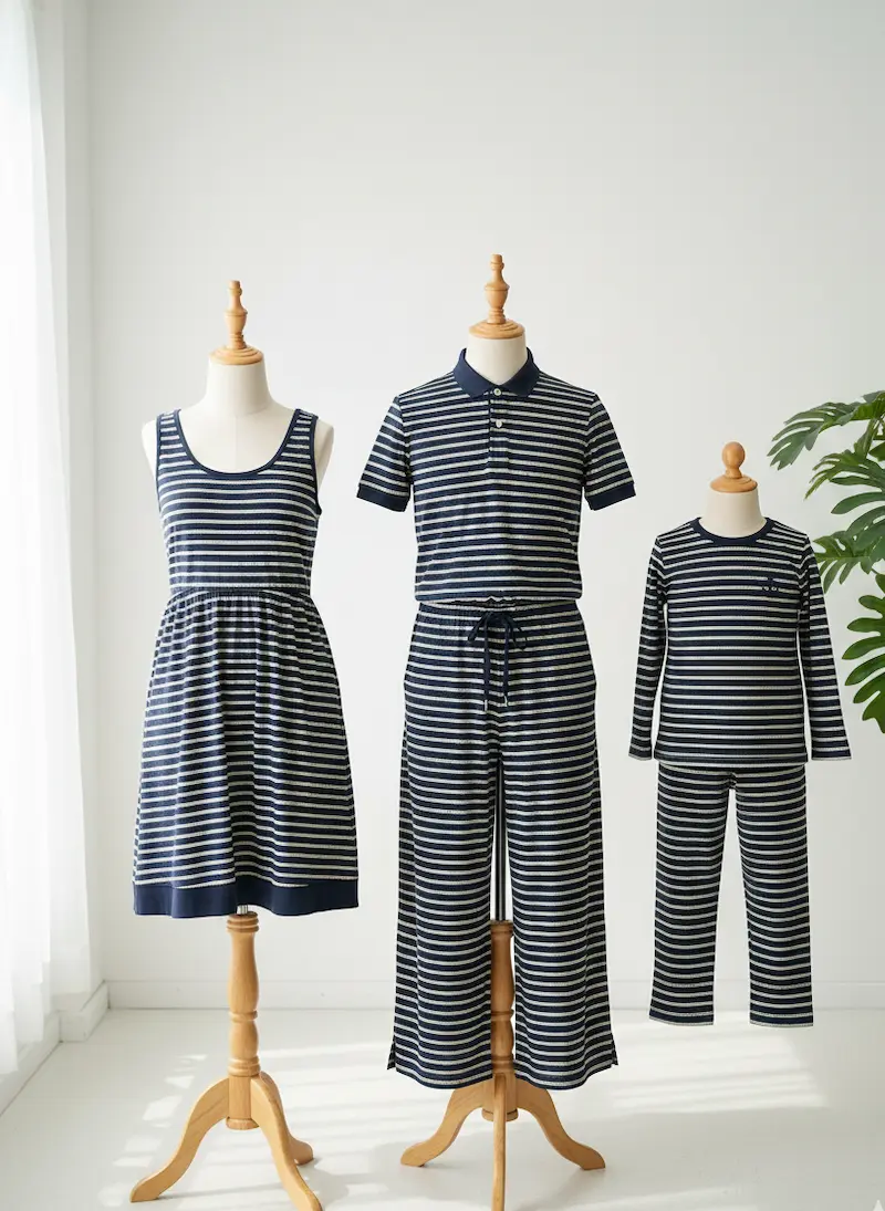 Drei Schneiderpuppen präsentieren handgenähte Kleidung aus blau-weiß gestreiftem Baumwolljersey: ein Damen-Sommerkleid, ein Herren-Polo-Set und ein langärmeliges Kinder-Set; ideale Inspiration für maritime Partnerlooks aus hochwertiger Meterware.
